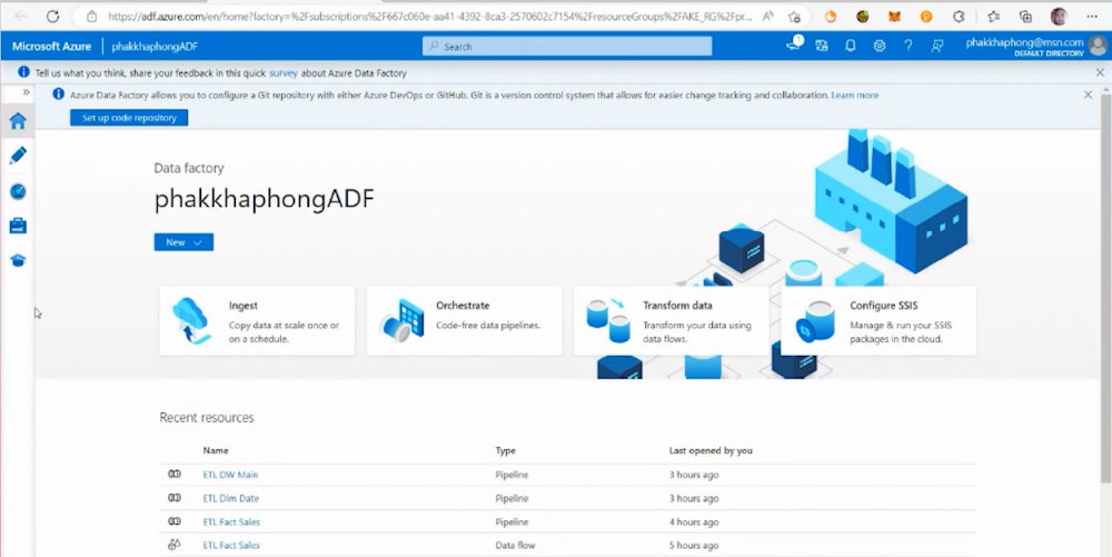 หน้าตา User Interface ของ Azure Data Factory